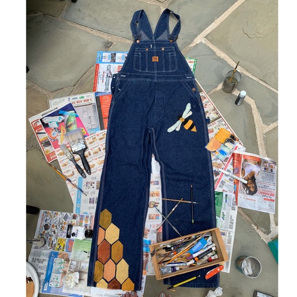 Hand-Painted Whimsical Honeybee Overalls - Picture 2 of 5
